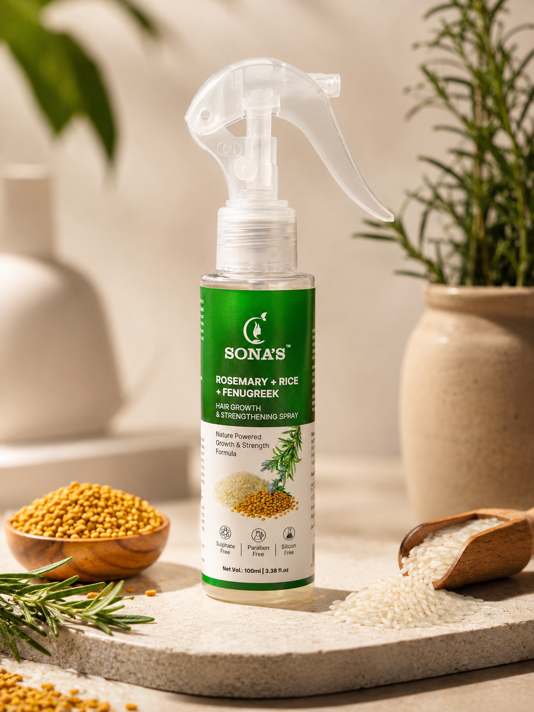 Sona Herbal Rosemary + Rice + Fenugreek Hair Growth Spray | Strengthening & Nourishing Hair Mist | Sulphate, Paraben & Silicon Free | 100ml-3