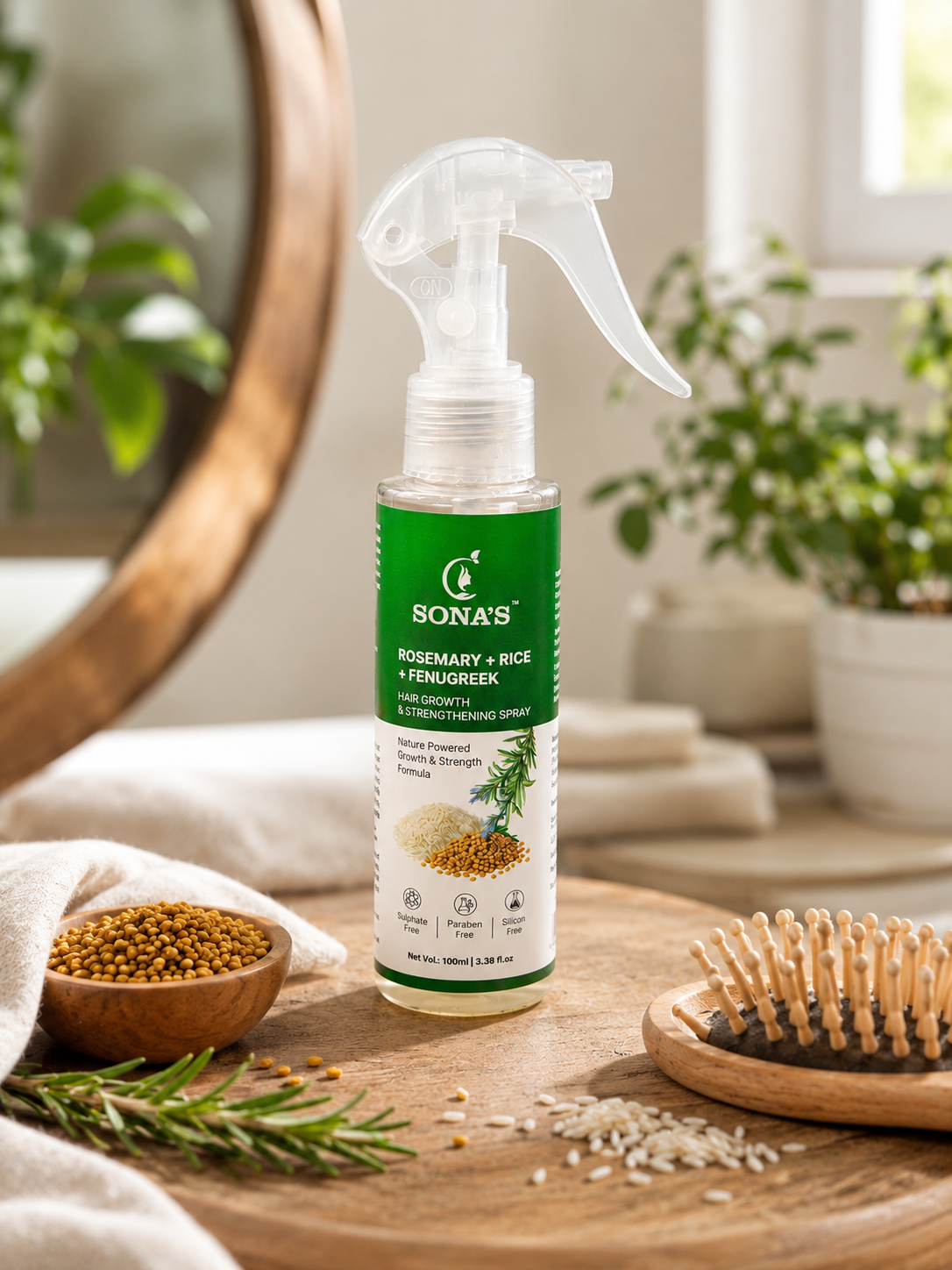 Sona Herbal Rosemary + Rice + Fenugreek Hair Growth Spray | Strengthening & Nourishing Hair Mist | Sulphate, Paraben & Silicon Free | 100ml