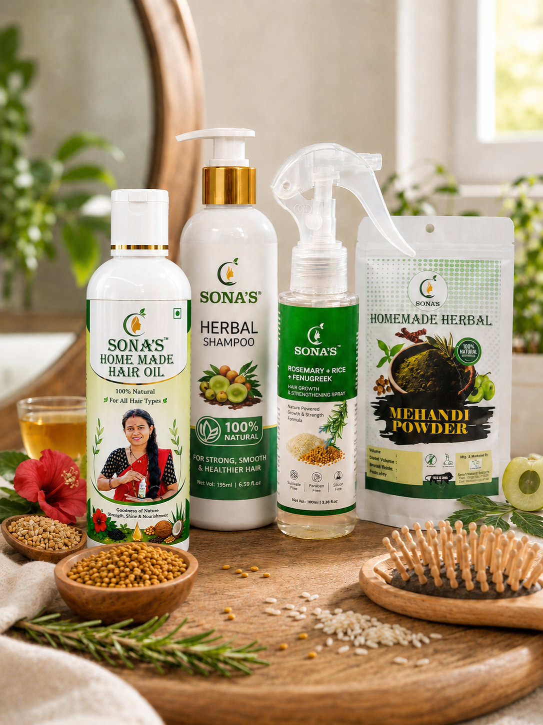 Best Herbal Hair Oil, Shampoo, Mehndi & Hair Spray Combo for Hair Growth, Hair Fall Control & Grey Hair – Sona’s Herbal Big Combo Pro