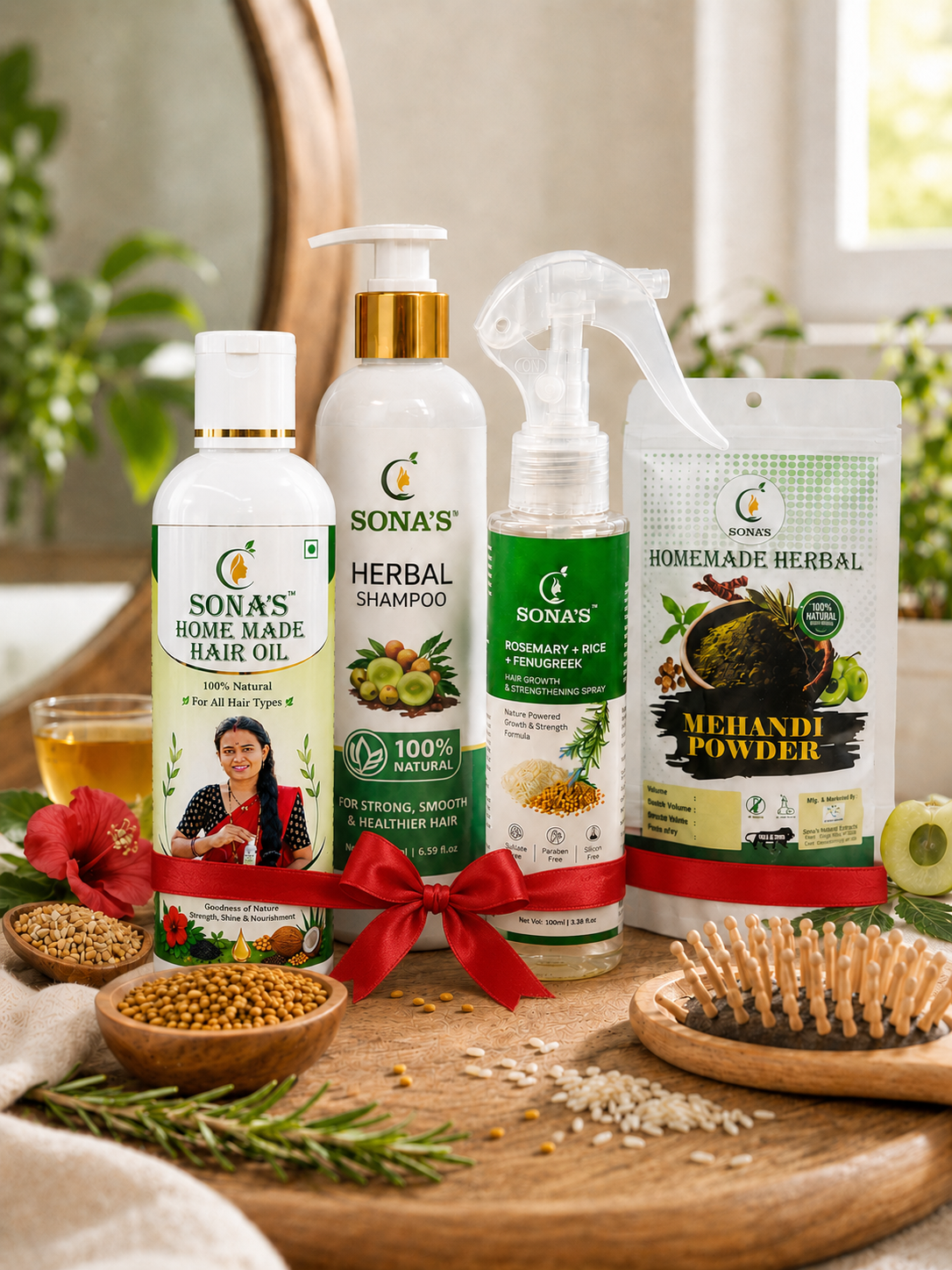 Best Herbal Hair Oil, Shampoo, Mehndi & Hair Spray Combo for Hair Growth, Hair Fall Control & Grey Hair – Sona’s Herbal Big Combo Pro