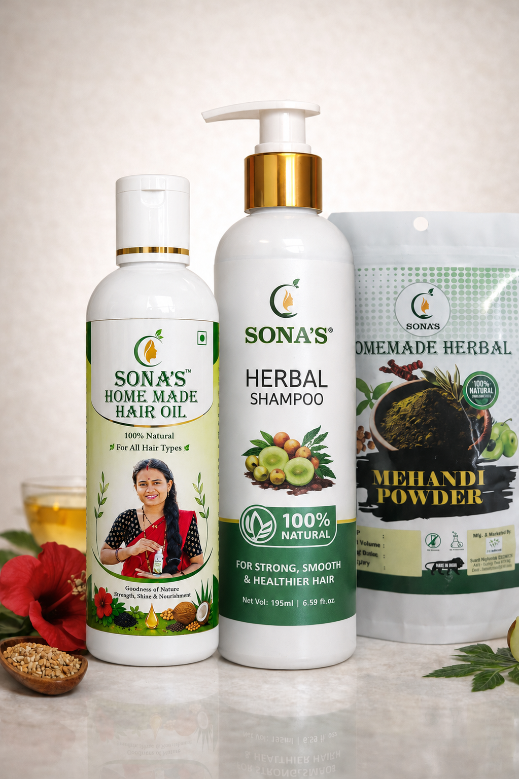 Best Herbal Hair Oil, Shampoo & Mehndi Combo for Hair Growth, Hair Fall Control & Grey Hair – Sona’s Herbal Big Combo