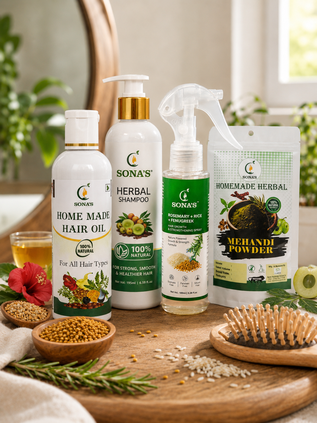 Best Herbal Hair Oil, Shampoo, Mehndi & Hair Spray Combo for Hair Growth, Hair Fall Control & Grey Hair – Sona’s Herbal Big Combo Pro