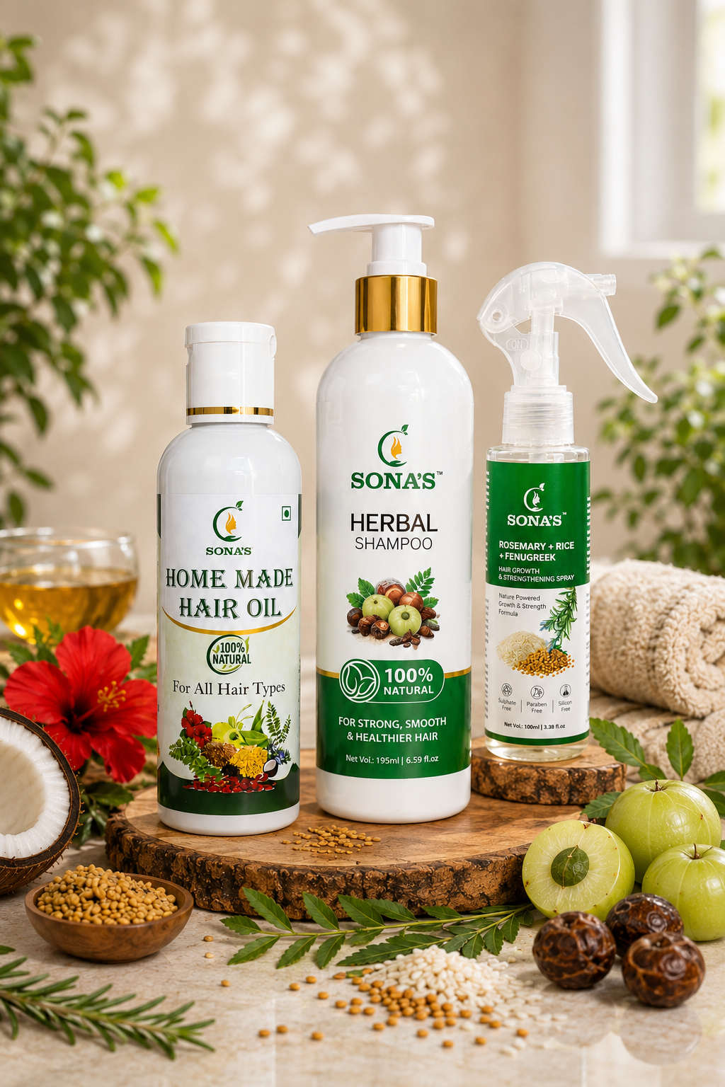 Best Herbal Hair Oil, Shampoo & Rosemary Hair Spray Combo for Hair Growth & Hair Fall Control – Sona’s Herbal Combo Pro