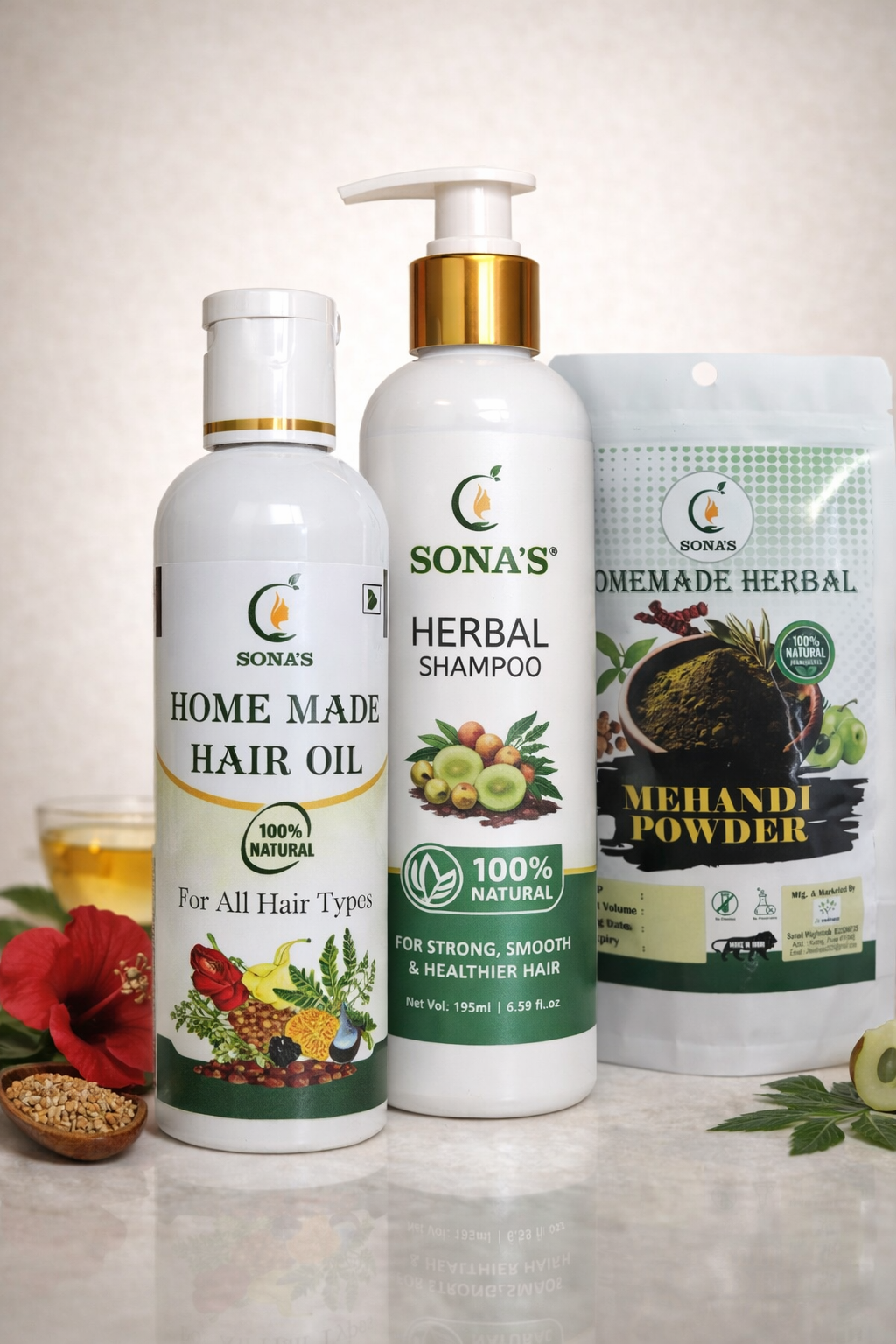 Best Herbal Hair Oil, Shampoo & Mehndi Combo for Hair Growth, Hair Fall Control & Grey Hair – Sona’s Herbal Big Combo