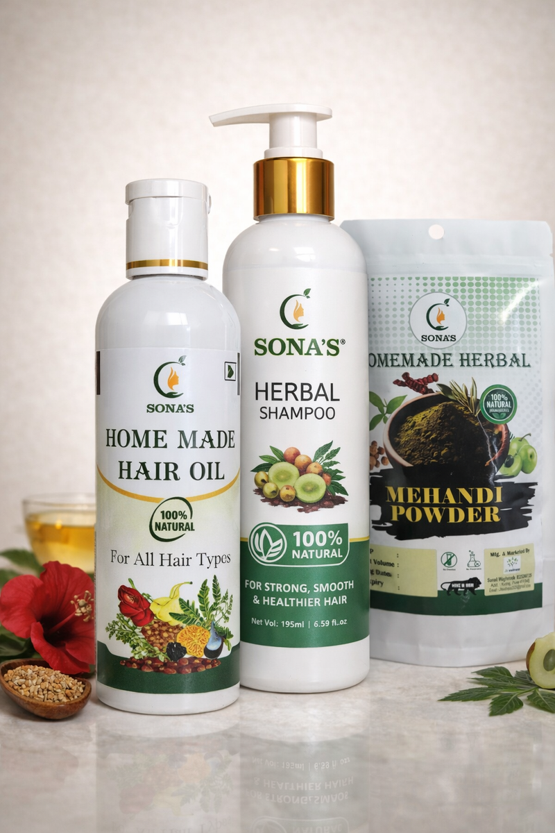 Best Herbal Hair Oil, Shampoo & Mehndi Combo for Hair Growth, Hair Fall Control & Grey Hair – Sona’s Herbal Big Combo-zoom-