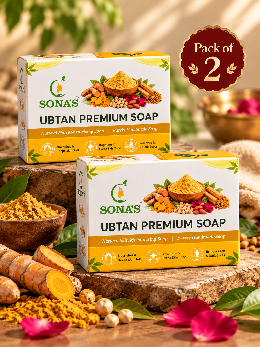 Sona's Ubtan Premium Handmade Soap – Pack of 2 | Natural Glow, Tan Removal & Skin Brightening
