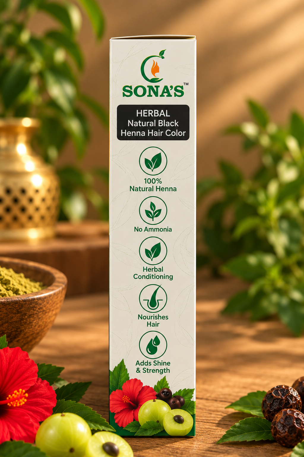 Sona's Herbal Natural Black Henna Hair Color – 100% Grey Coverage | Ammonia-Free | Herbal Conditioning | 60g