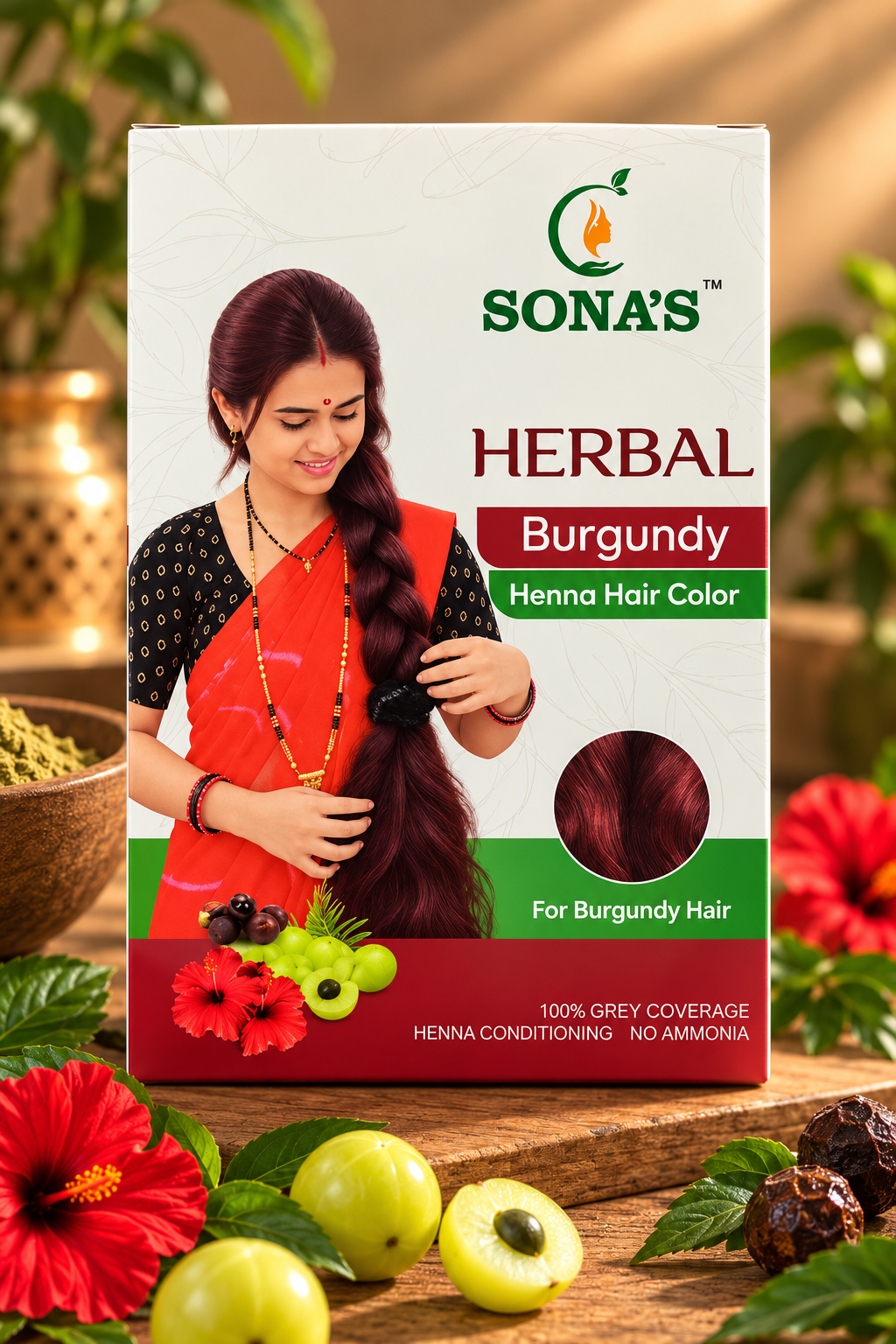 Sona's Herbal Burgundy Henna Hair Color – 100% Grey Coverage | Ammonia-Free | Herbal Conditioning | 60g