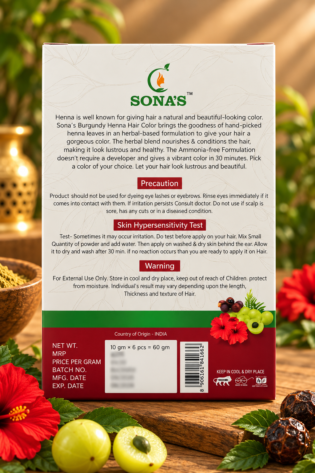 Sona's Herbal Burgundy Henna Hair Color – 100% Grey Coverage | Ammonia-Free | Herbal Conditioning | 60g