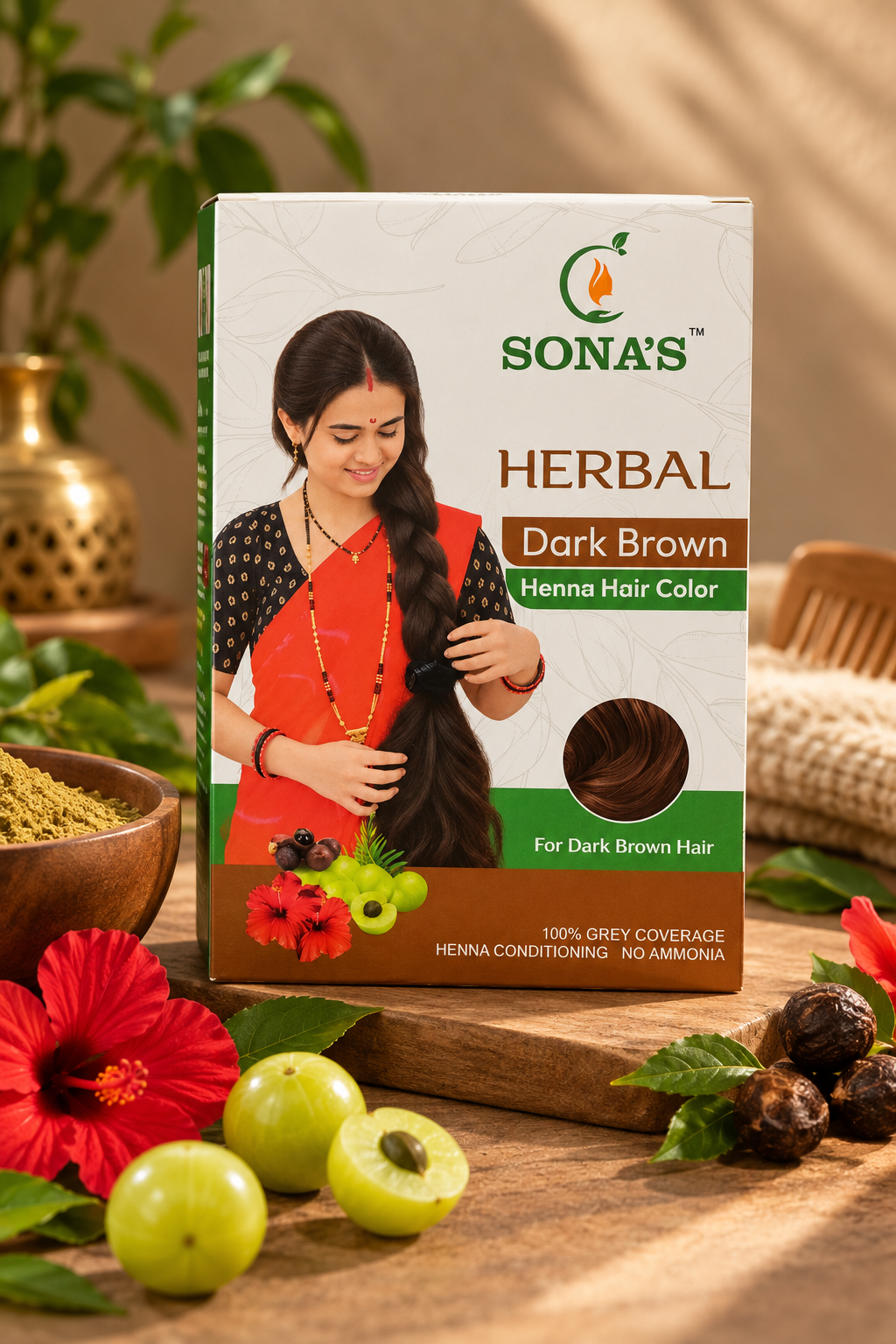 Dark Brown Henna Hair Color – 100% Grey Coverage | Ammonia-Free | 60g