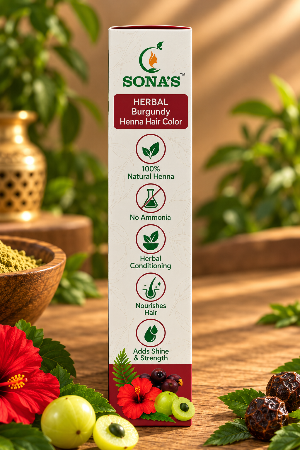 Sona's Herbal Burgundy Henna Hair Color – 100% Grey Coverage | Ammonia-Free | Herbal Conditioning | 60g