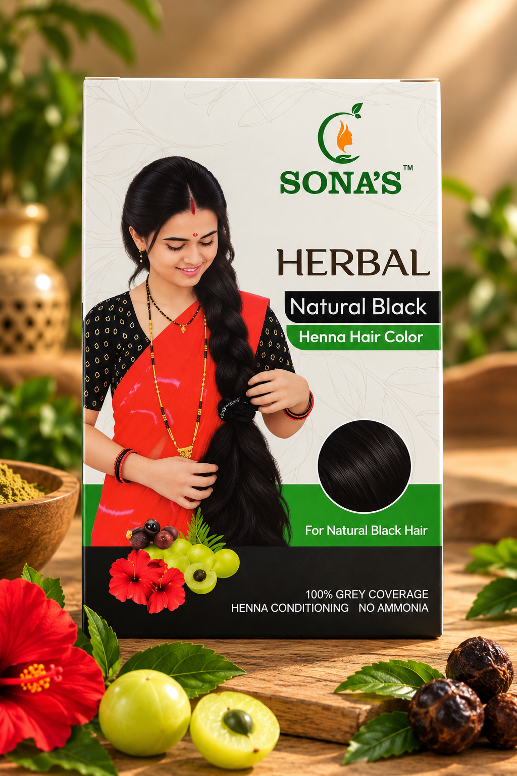 Sona's Herbal Natural Black Henna Hair Color – 100% Grey Coverage | Ammonia-Free | Herbal Conditioning | 60g